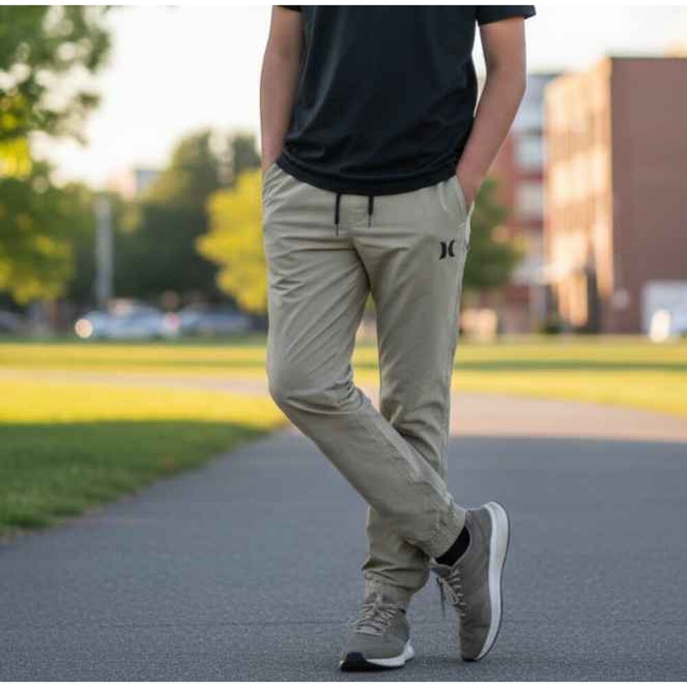 Hurley Boys Khaki Tan‎ Stretch Nylon Elastic Waist Jogger Pants XL 14/16